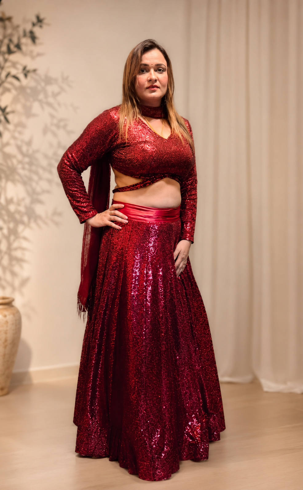 Ruby Red Sequin Lehenga Set  | Elegant Party & Festive Wear