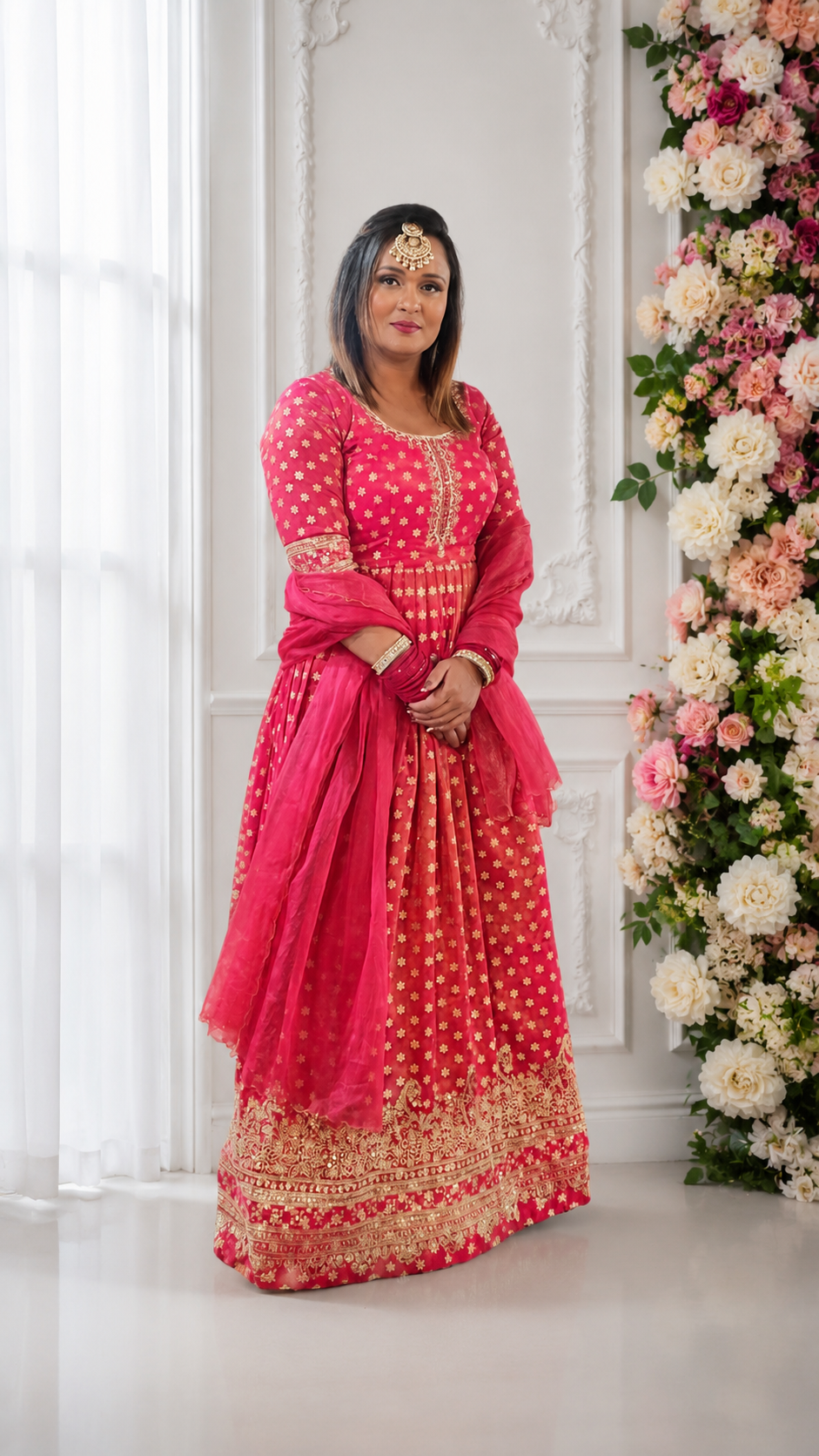 Rani Pink Zari Embroidered Anarkali Gown Set with Dupatta
