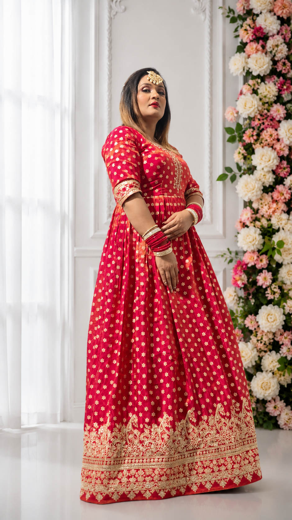 Rani Pink Zari Embroidered Anarkali Gown Set with Dupatta