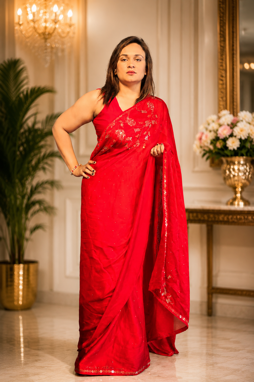 Ruby Red Embellished Saree for Women | Elegant Party & Festive Wear Saree
