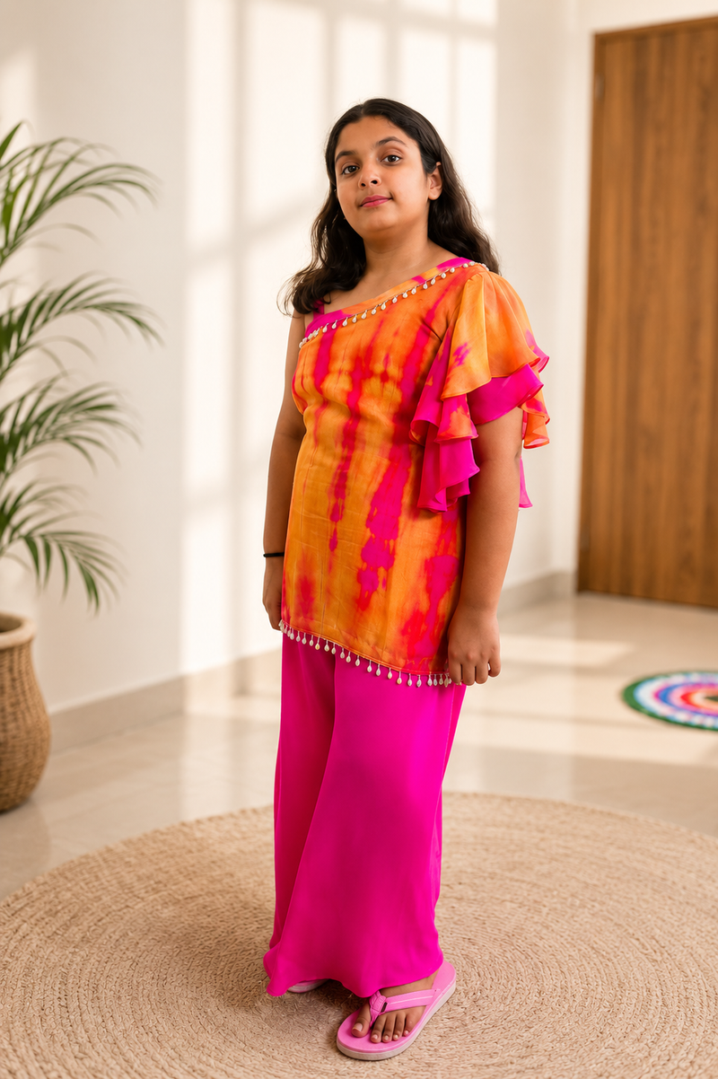 Sunset Bloom Girls Ethnic Co-Ord Set – Orange & Pink