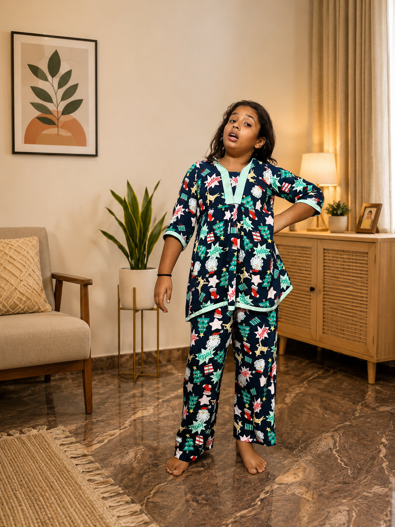 Dreamy Nights Kids Cotton Night Suit Set – Navy Blue Print