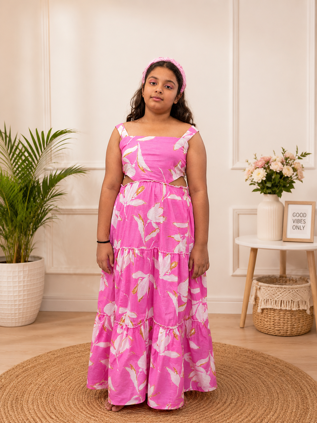 Blossom Charm Girls Floral Maxi Dress – Pink