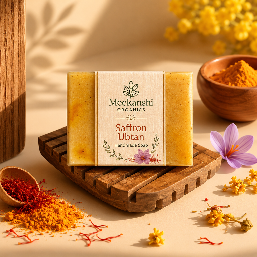Meekanshi Organics Saffron Ubtan Handmade Soap – Natural Glow & Tan Removal Soap