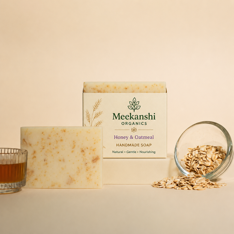 Meekanshi Organics Honey & Oatmeal Handmade Soap | Gentle Exfoliating & Moisturizing Bath Bar